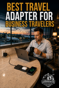 Business traveler charging a laptop, iPhone, and Apple Watch with a travel adapter and charging station in an airport lounge — best travel adapter for business travelers.