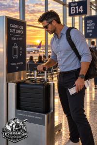 Rex Boardman checking a rolling carry-on against an airport gate bag sizer to test carry-on size chart compliance