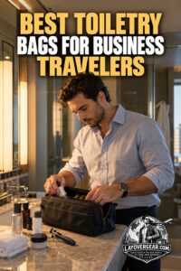 Rex Boardman organizing one of the best toiletry bags for business travelers on a hotel bathroom counter